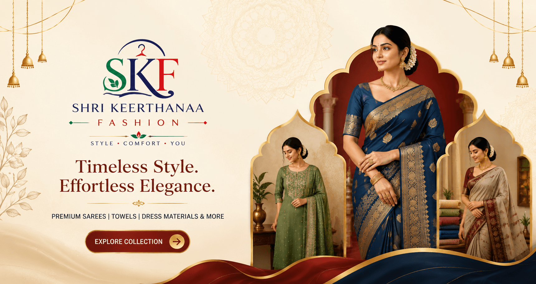 Shri Keerthanaa Fashion — Timeless Style. Effortless Elegance. Premium sarees, towels and dress materials.
